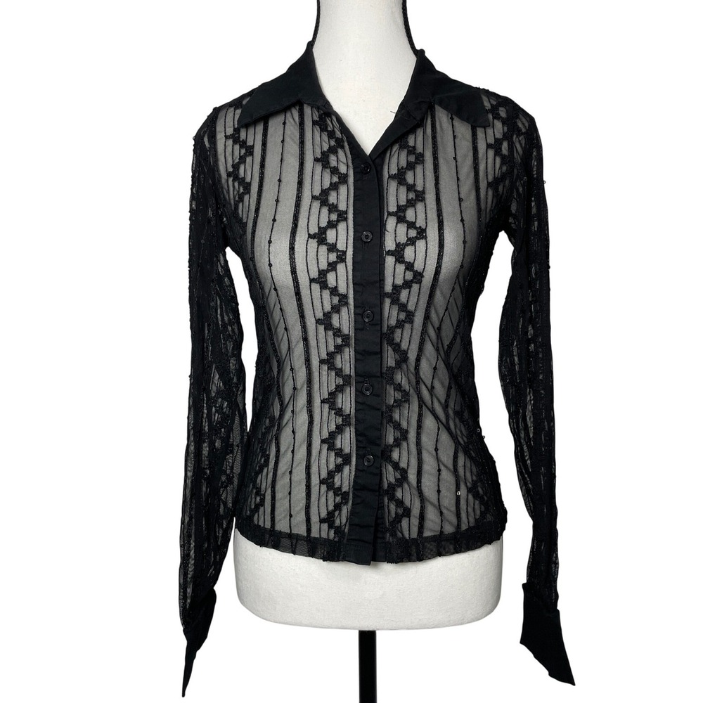 Twenty One Y2K Black‎ Sheer Lace Sequin Long Sleeve Button Down Top Blouse Small